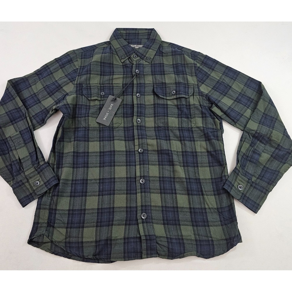 Slate & Stone shirt men M Medium green blue flannel pockets check K6STL20412